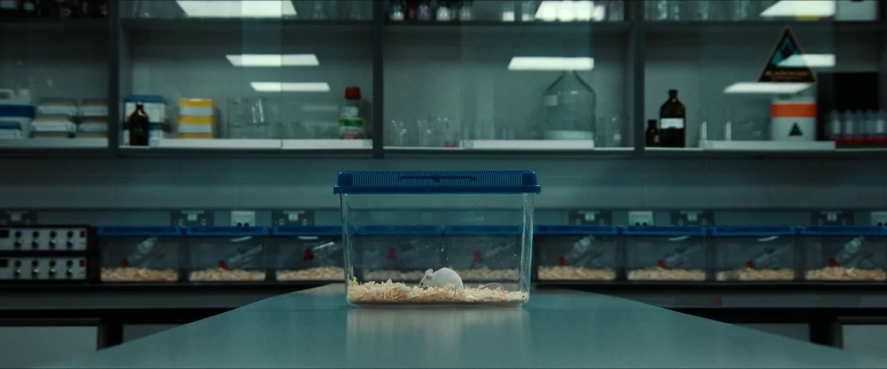 Double Blind (2023) movie still: medium — A research laboratory with shelves filled with glassware and a series of rodent cages. A single white…