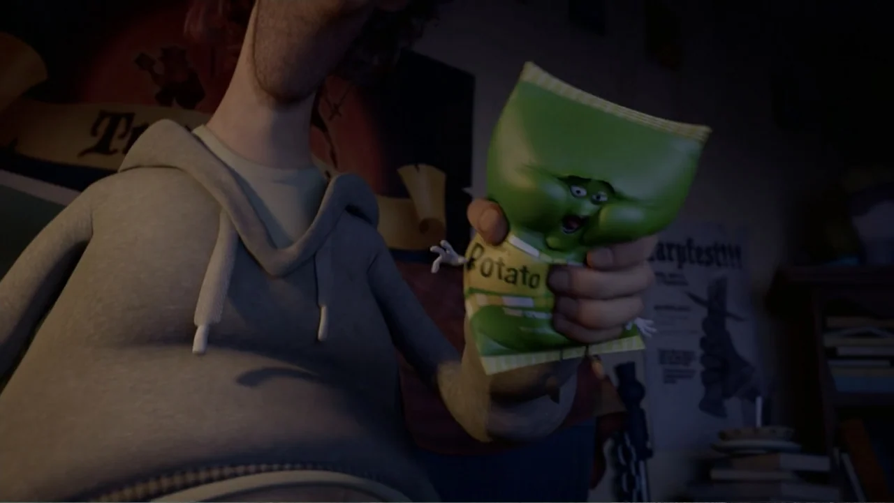 Sausage Party (2016) movie still: medium — A dimly lit room contains posters on the wall and a stack of books. A person wearing a grey hoodie holds…