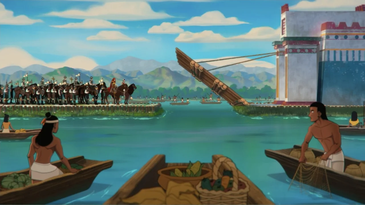 Aztec Batman: Clash of Empires (2025) movie still: wide — A waterway passes beneath a bridge connected to a large white stone structure. Several…