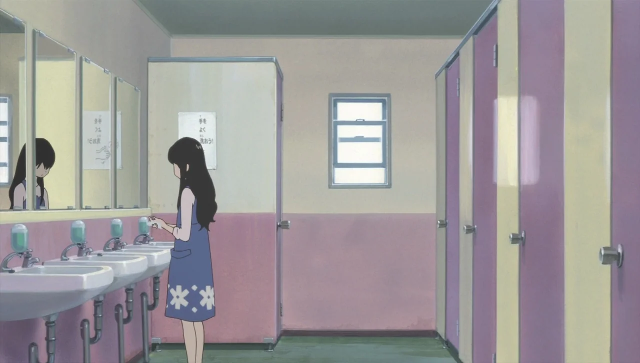Wolf Children (2012) movie still: medium — A public washroom features rows of lavender and yellow stalls and matching sinks. A girl in a blue dress…