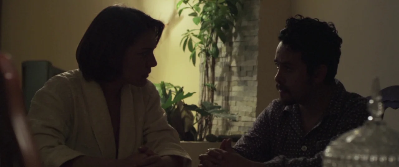 Here Comes The Devil (2012) movie still: medium — A dimly lit room with a decorative stone feature wall and a green plant. A man and a woman sit…