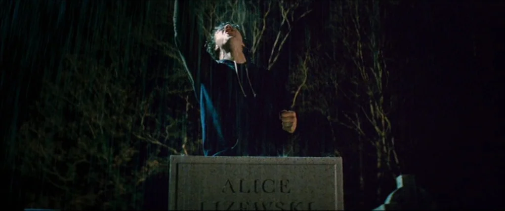 Kick Ass (2010) movie still: medium — A night cemetery with heavy rainfall blurring the background of dark, bare-branched trees. A young man in a…