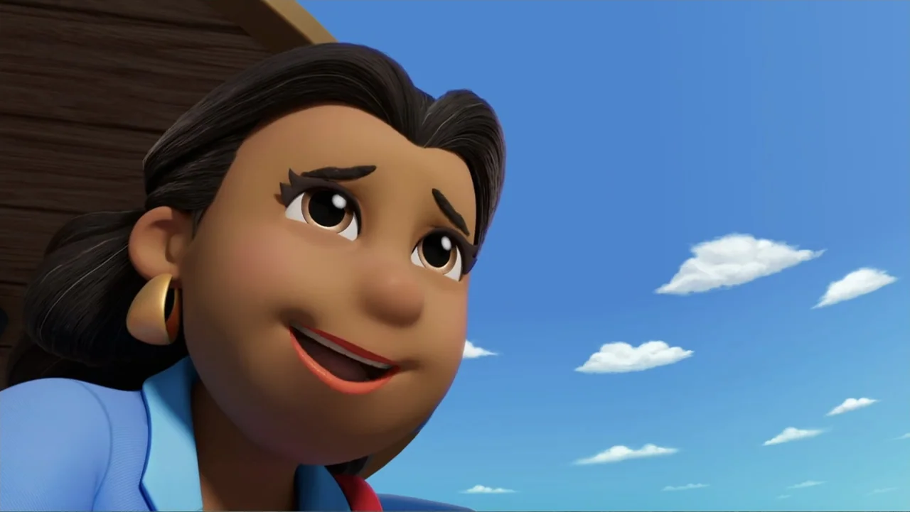 PAW Patrol: Air Rescue (2025) movie still: closeup — A close-up shot of a stylized animated woman against a bright blue sky. The character is…