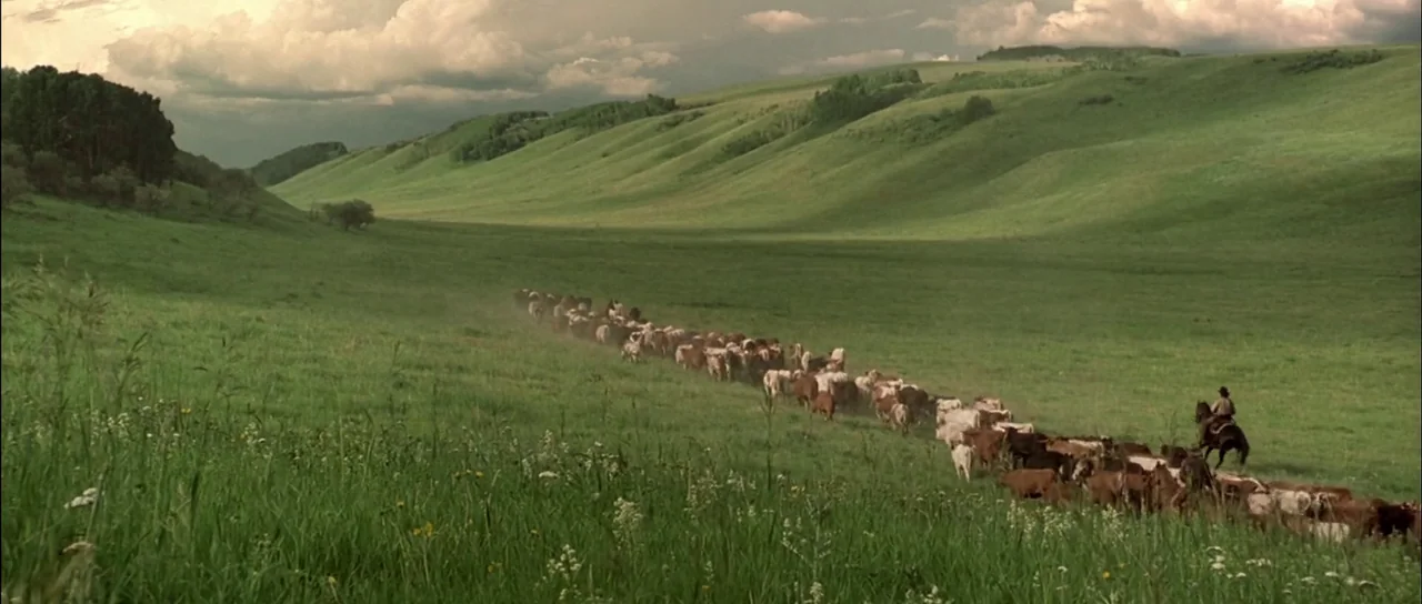 Open Range (2003) movie still: wide — A vast, rolling green prairie under a cloudy sky extends to distant hills. A single cowboy rides a horse,…