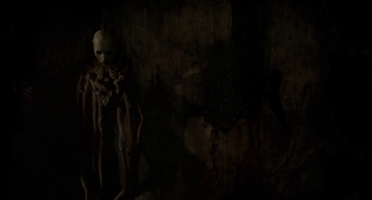 Possum (2018) movie still: medium — A dark, textured wall serves as the backdrop for a pale, skeletal entity. The creature hangs in the center of…