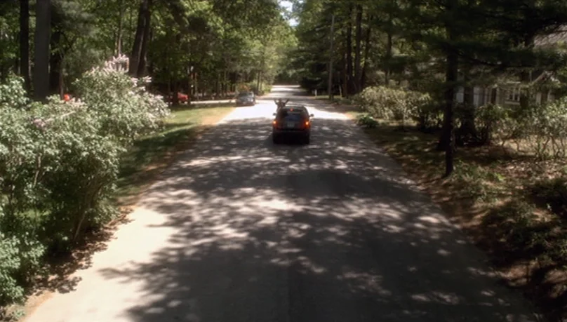 Mystery Team (2009) movie still: establishing — A quiet road bordered by dense trees and suburban foliage under bright daylight. A dark car moves…