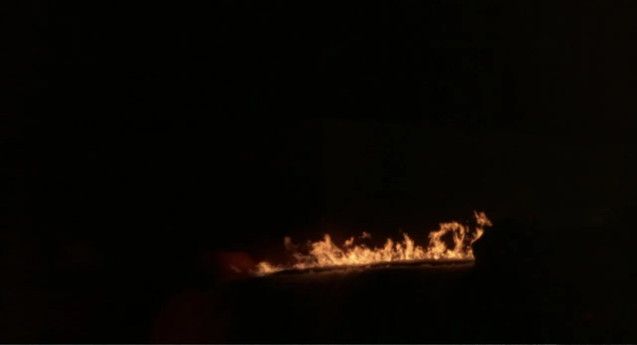 Bogus (1996) movie still: wide — A low horizon line features a flickering line of fire in total darkness. The flames stretch horizontally across the…