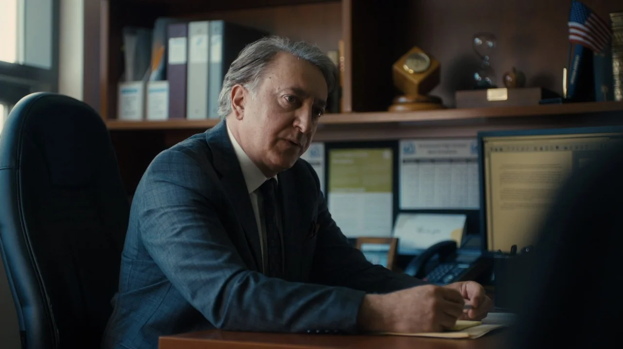 Sidelined: The QB and Me (2025) movie still: medium — An office features wooden shelves filled with binders and a small American flag display. A…