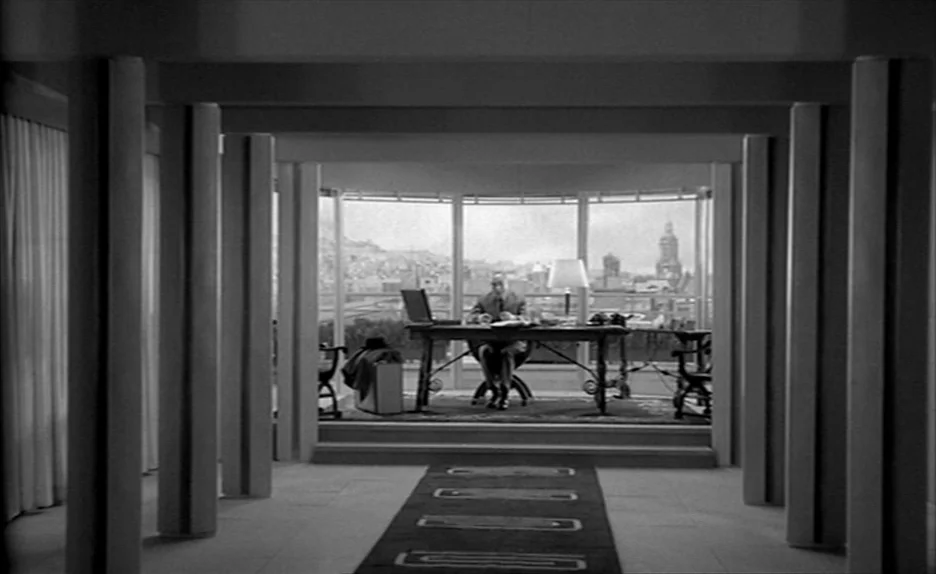 Elevator To The Gallows (Ascenseur pour l’échafaud) (1958) movie still: wide — A modern, symmetrical penthouse office features multiple pillars and…