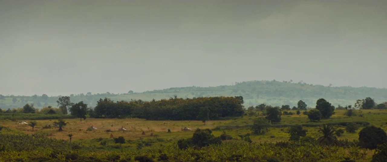 Beasts of No Nation (2015) movie still: wide — A rolling green savanna features sparse trees and brush under a thick, cloudy sky. Small dirt paths…