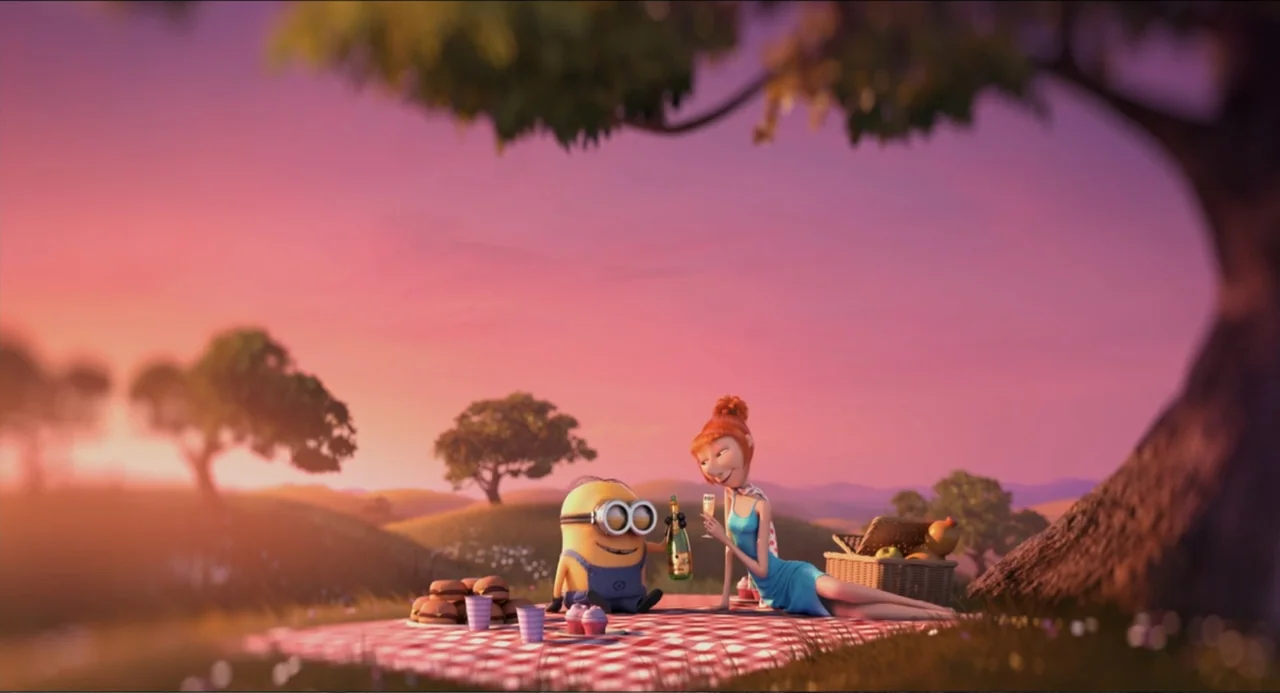Despicable Me 2 (2013) movie still: fullbody — A grassy hillside under a soft pink and orange sunset sky. A woman and a minion sit together on a…