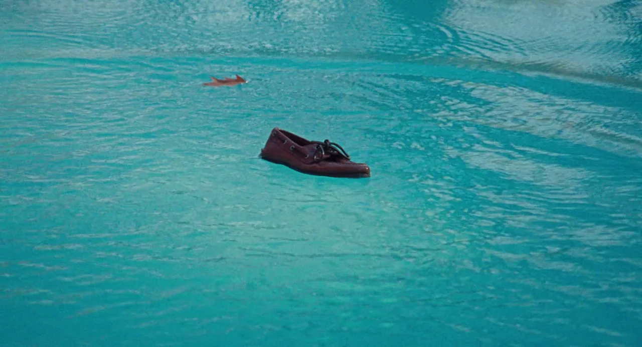 Dream Scenario (2023) movie still: medium — A single brown leather shoe floats on the surface of bright blue water. A small leaf drifts near the…