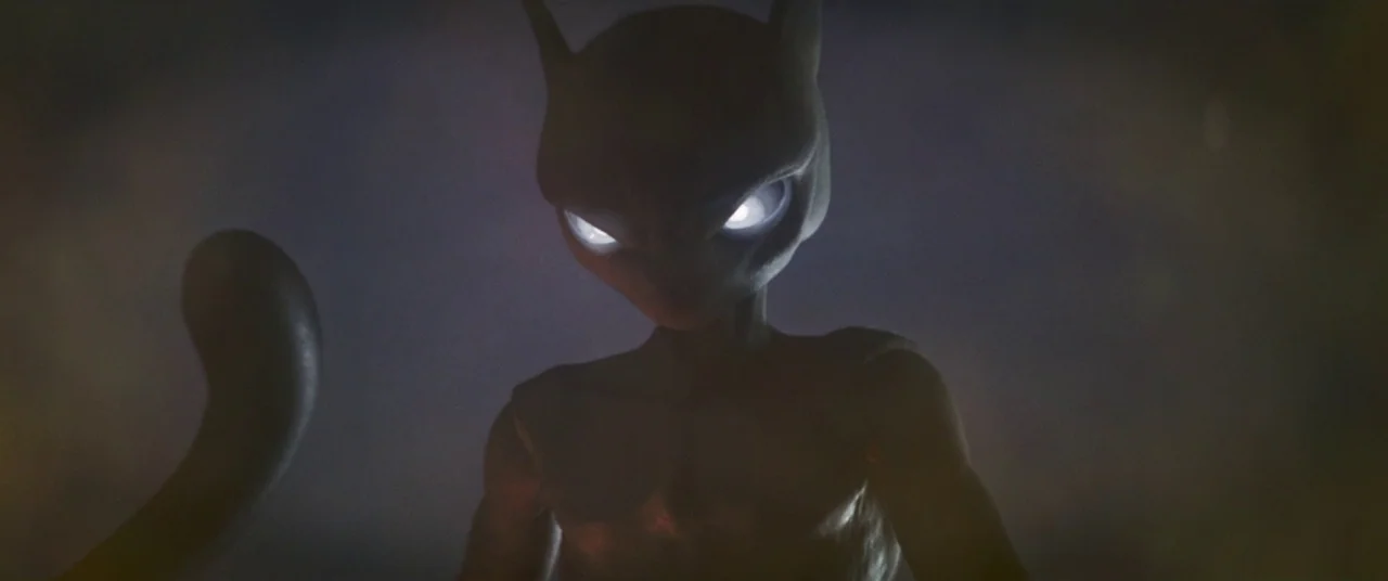 Pokémon Detective Pikachu movie still: medium — A dimly lit, shadowed space suggests an industrial or scientific indoor setting. The feline-like…