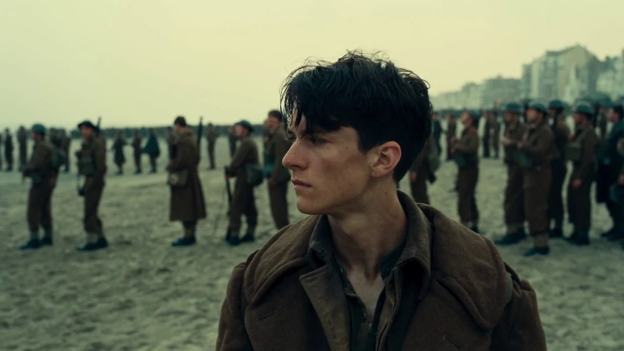Dunkirk (2017) movie still: medium — A wide, overcast beach is populated by rows of soldiers in 1940s military uniforms. A young soldier stands in…