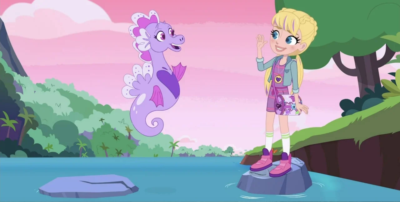 Polly Pocket Sparkle Cove Adventure (2023) movie still: fullbody — A tranquil riverbank with a pink sky and lush green trees in the background. A…