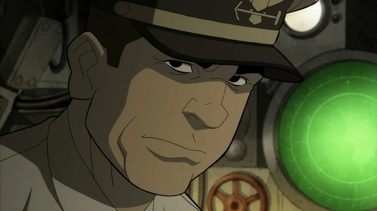 Justice Society: World War II (2021) movie still: closeup — A cramped naval submarine control room features metallic bulkheads and complex…