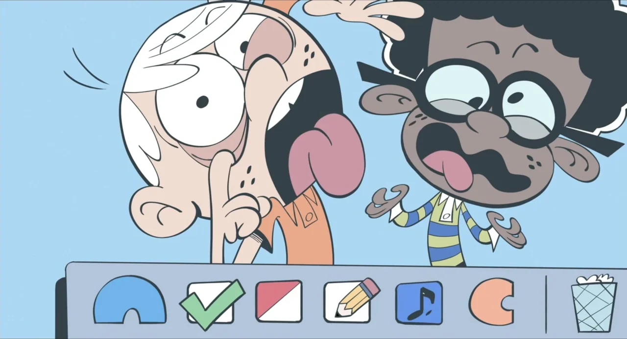 No Time to Spy: A Loud House Movie (2024) movie still: medium — A flat 2D animated interface shows two boys behind a computer taskbar. The boys…
