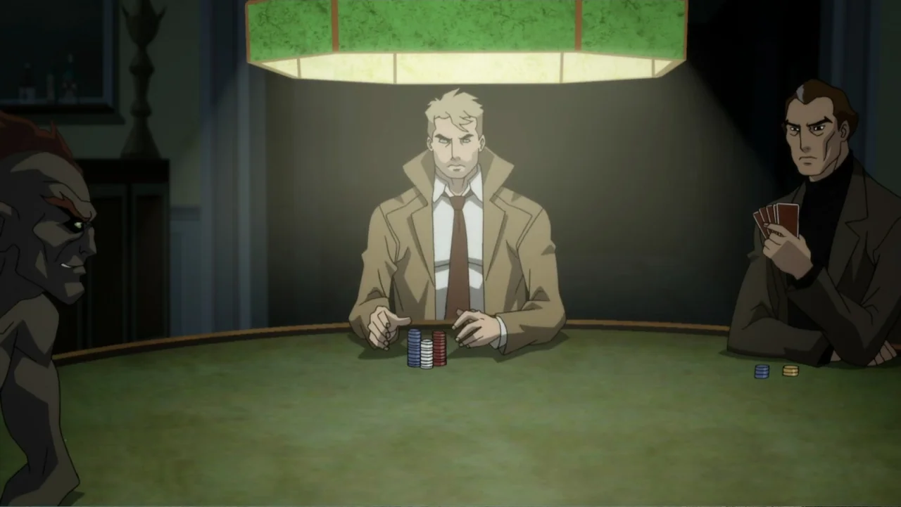 Justice League Dark (2017) movie still: medium — Three individuals sit around a green felt card table in a dimly lit space. They play a card game…