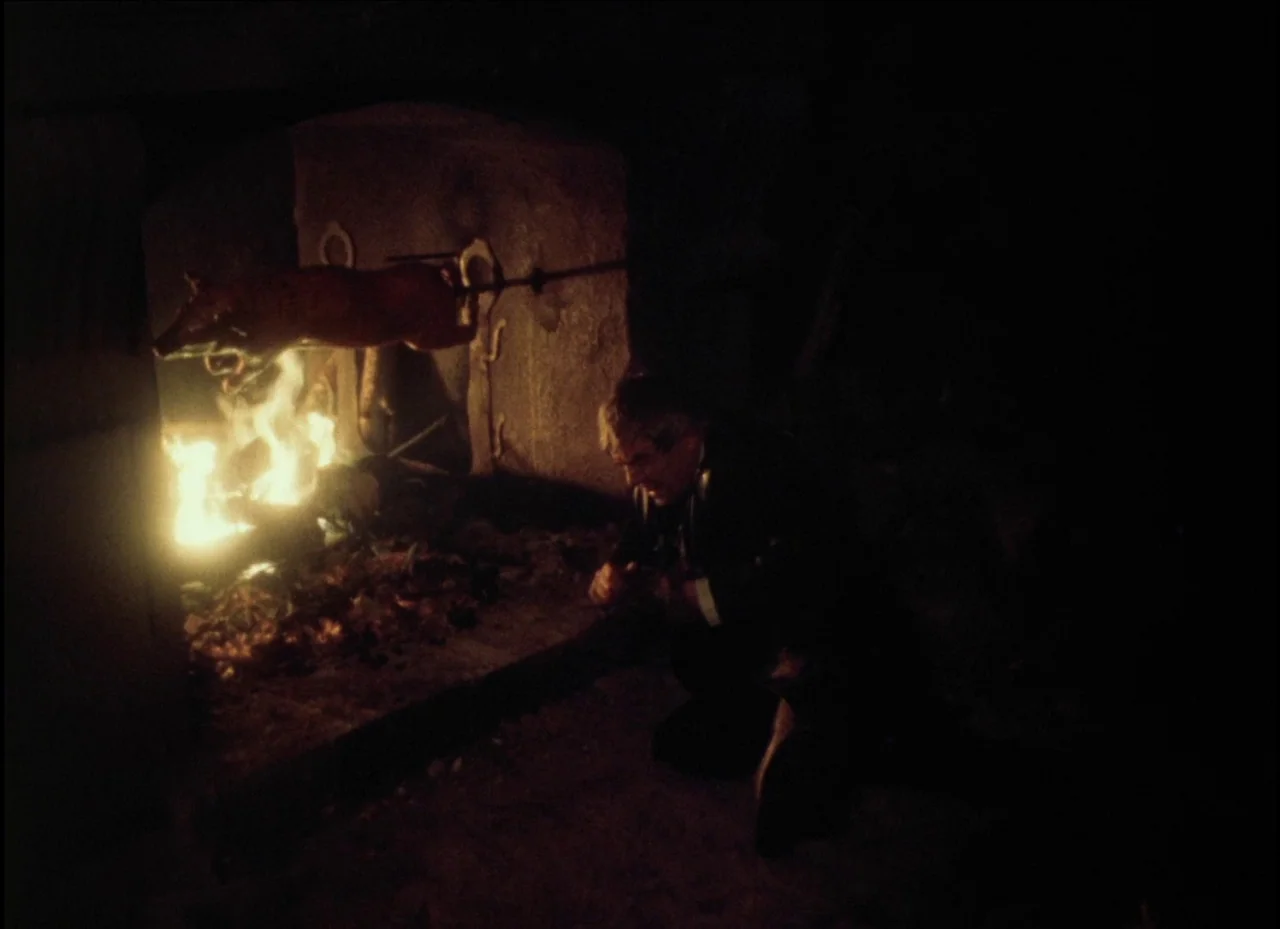 Beauty and the Beast (1979) movie still: medium — A dark, dimly lit room contains a large stone hearth with a roasting pig. A man in a suit crouches…