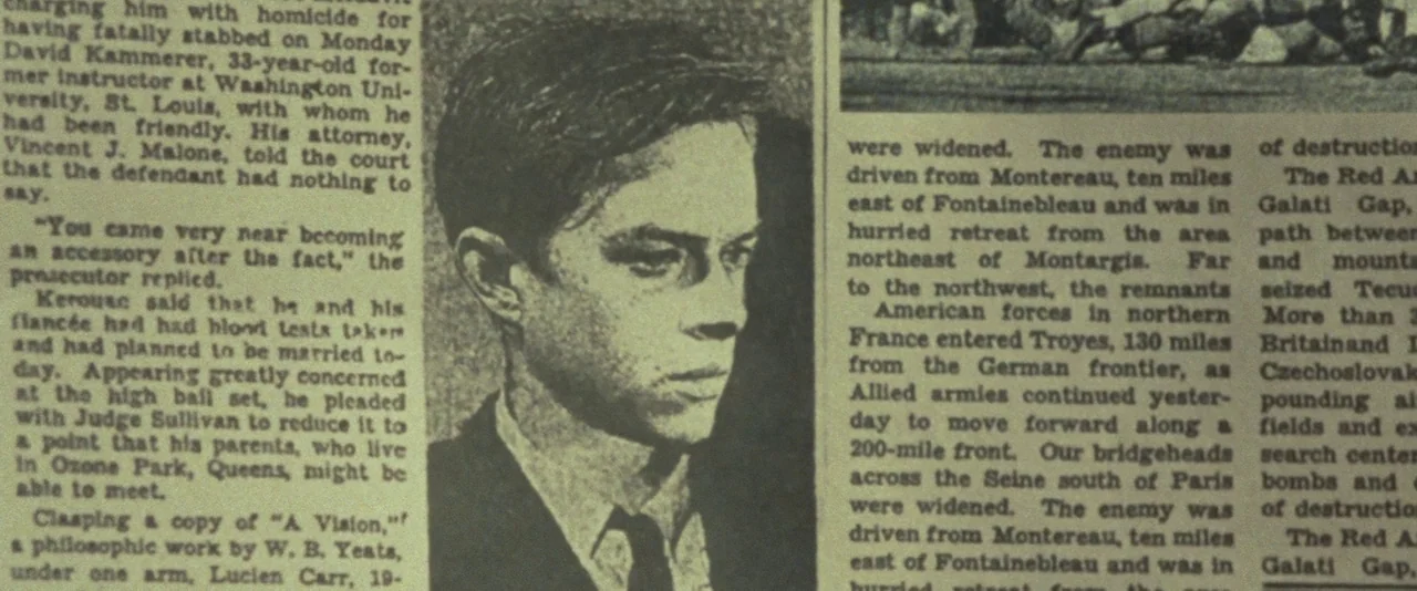 Kill Your Darlings (2013) movie still: closeup — A close-up photograph of a young man printed on aged, grainy newspaper stock. Text columns surround…