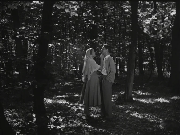A Lesson In Love (1954) movie still: fullbody — A dense grove of trees with light filtering through the branches onto the ground. A man and a woman…