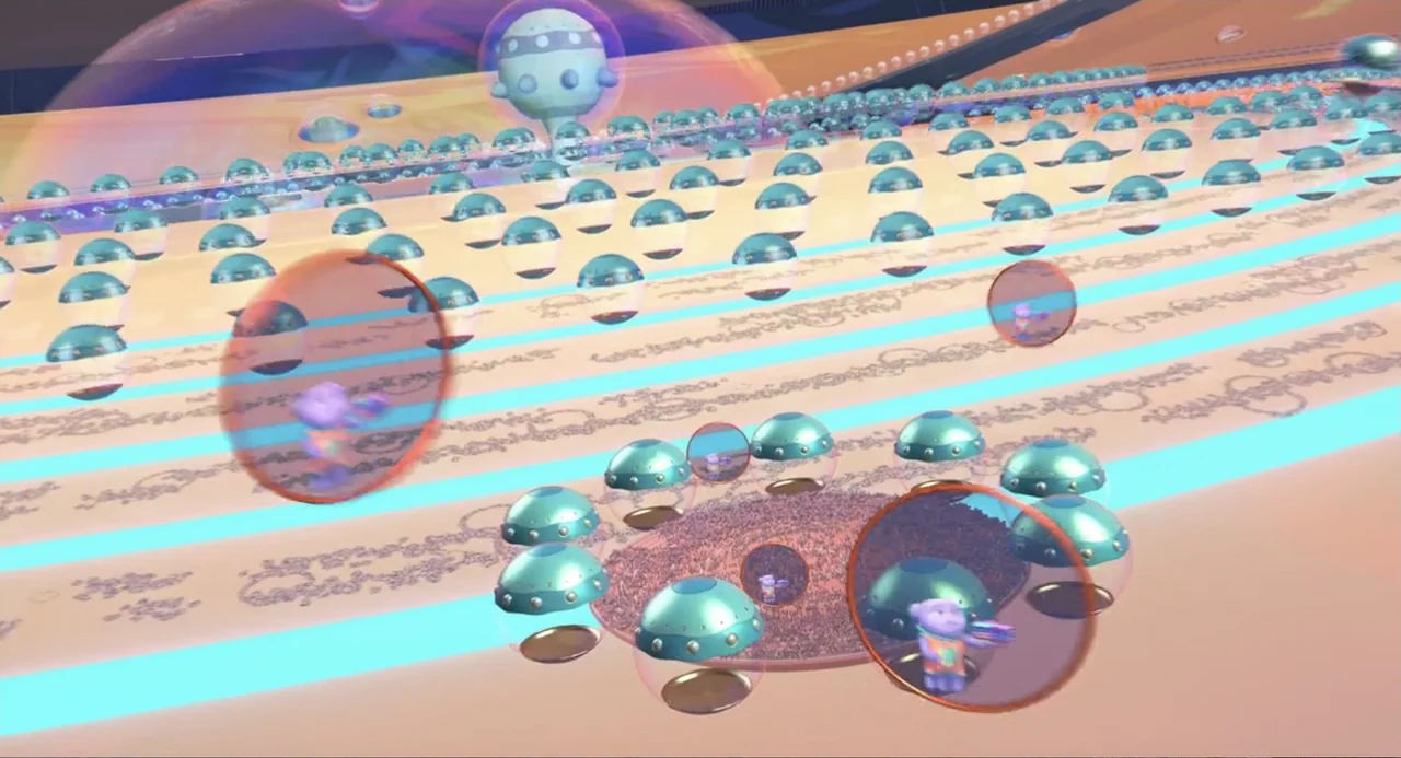 Home (2015) movie still: wide — An alien landscape features rows of transparent spheres containing small purple figures. Blue neon light stripes cut…