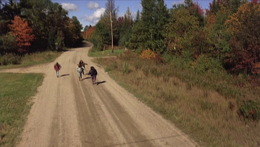 Dance Me Outside (1994) movie still: wide — A rural dirt road stretches through a landscape filled with deciduous trees in autumn. Three young…