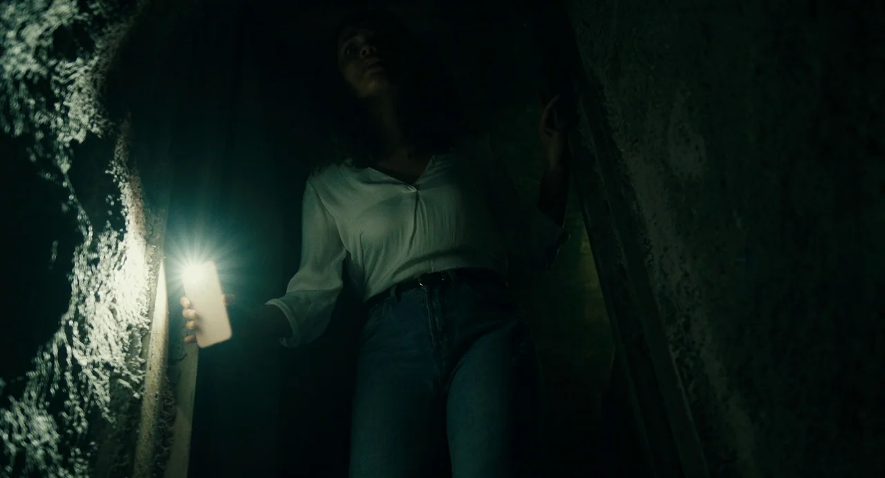 Barbarian (2022) movie still: medium — A dark, narrow stone staircase with rough-hewn walls and low visibility. A young woman climbs upward while…