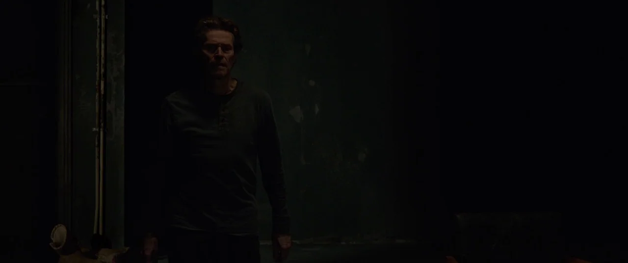 Siberia (2019) movie still: medium — A dimly lit room with dark walls and minimal furniture details. A man stands centrally in the frame, partially…
