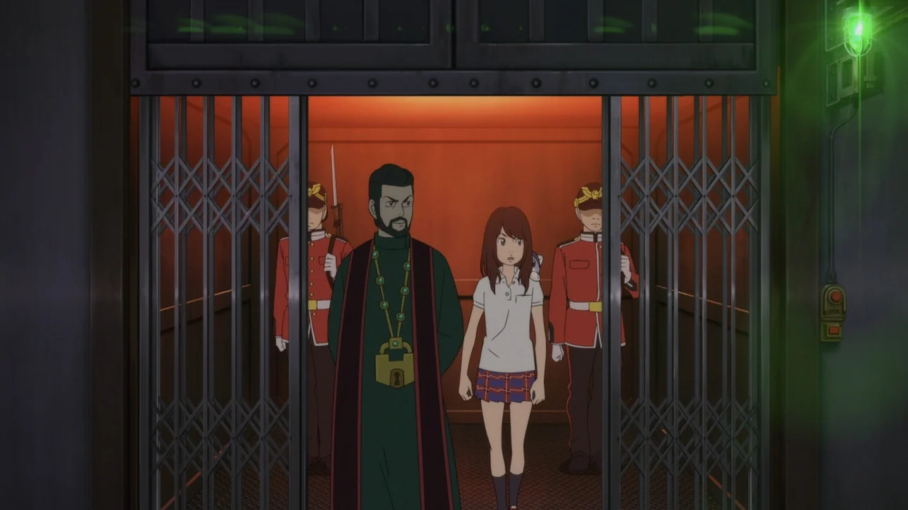 Napping Princess (2017) movie still: medium — A metal elevator interior with sliding gates contains a man, a girl, and soldiers. The group stands…
