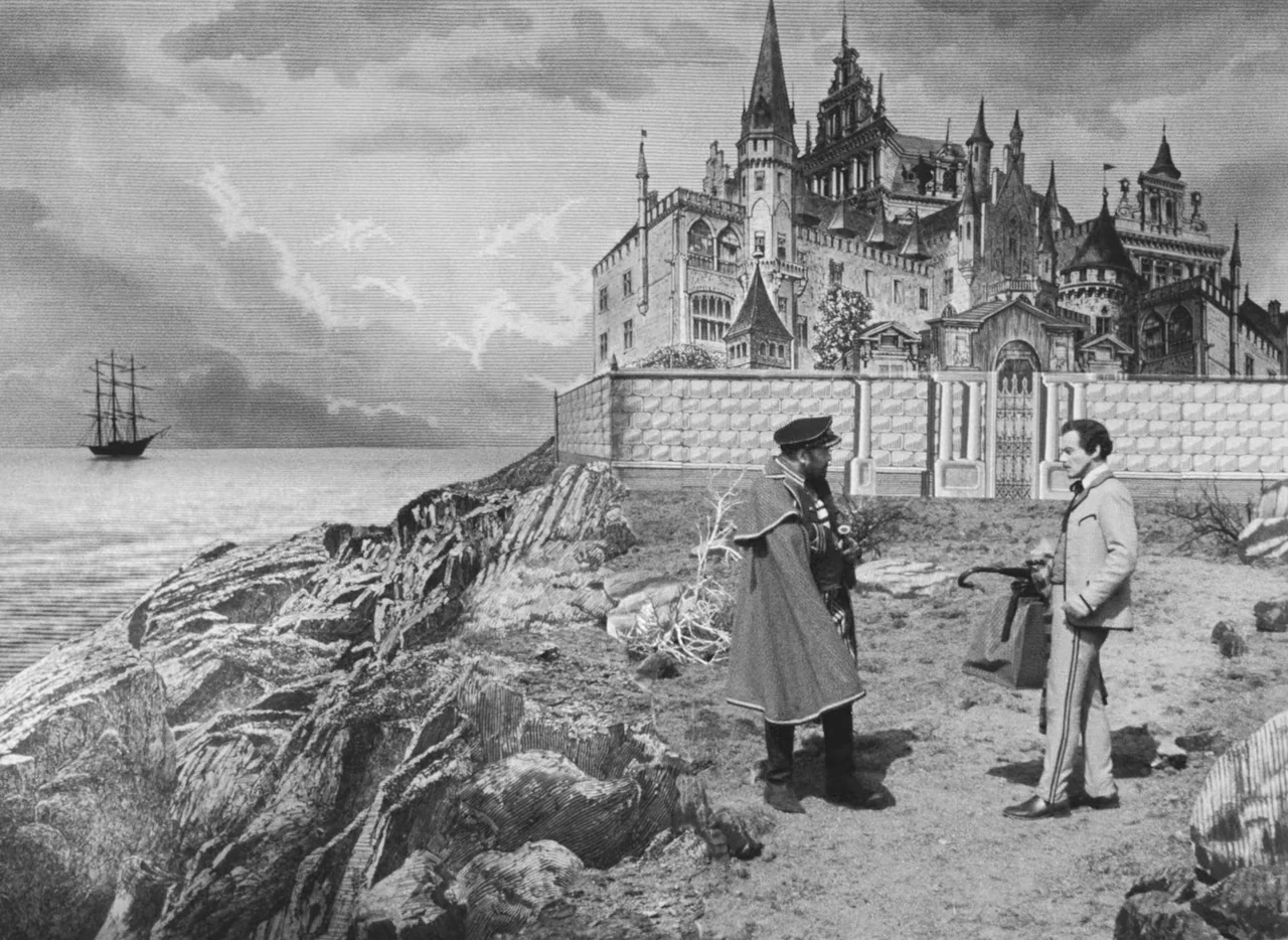 Invention For Destruction (1958) movie still: wide — A rocky coastal path runs alongside a large stone wall with a castle behind. Two men in period…