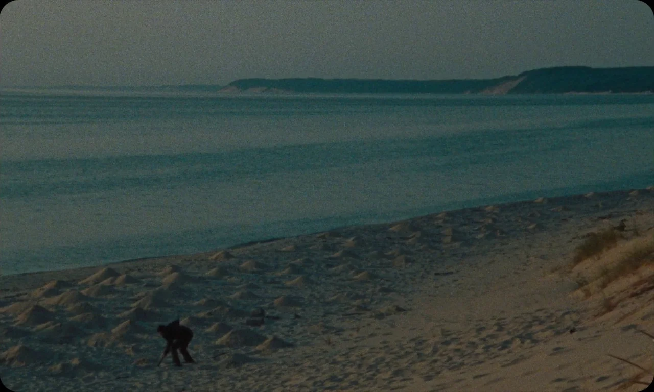 Vulcanizadora (2024) movie still: wide — A secluded sandy shoreline stretches out toward a calm body of water at dusk. A lone figure in dark…