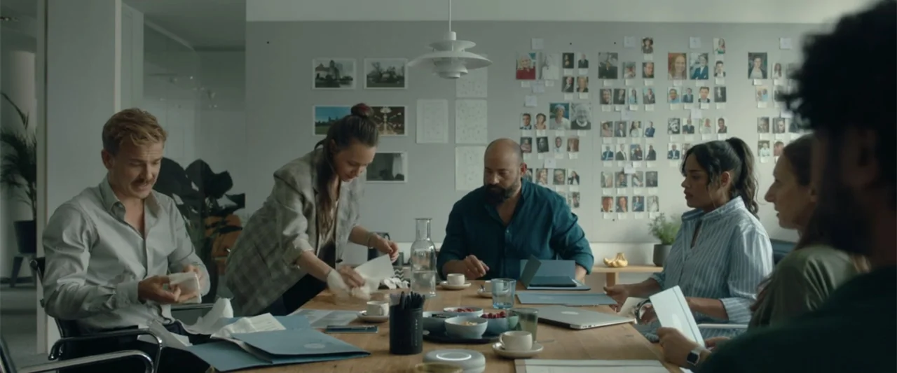 Peacock (2010) movie still: medium — A modern meeting room has a wooden table and a wall covered in photos. A woman in a blazer wipes the table with…