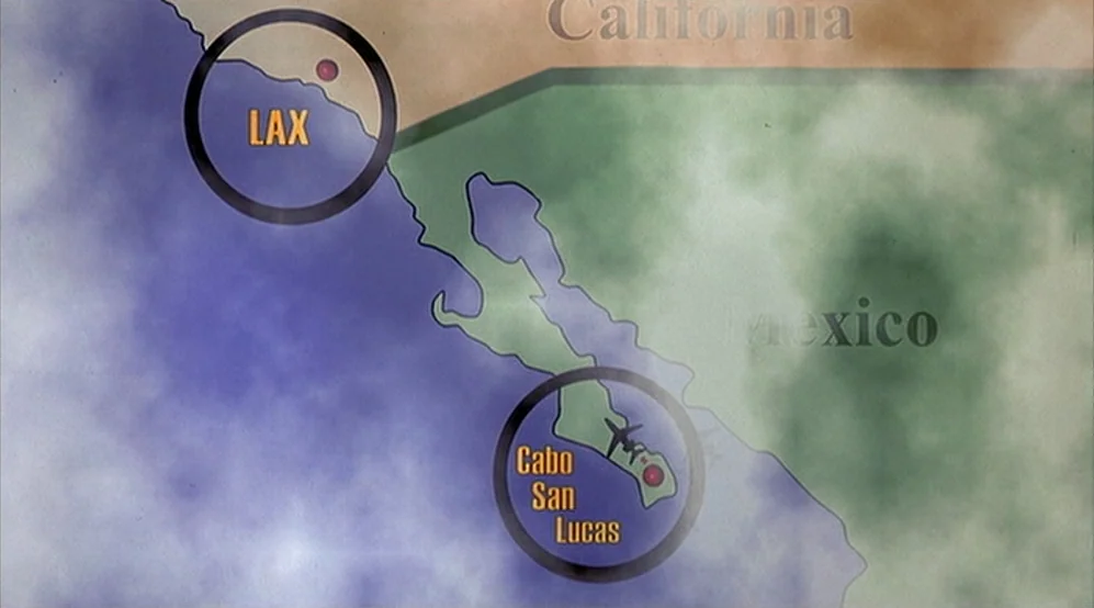 Jackie Brown movie still: establishing — A stylized flat map shows the southwestern United States and Mexico with geographic labels. Two circular…