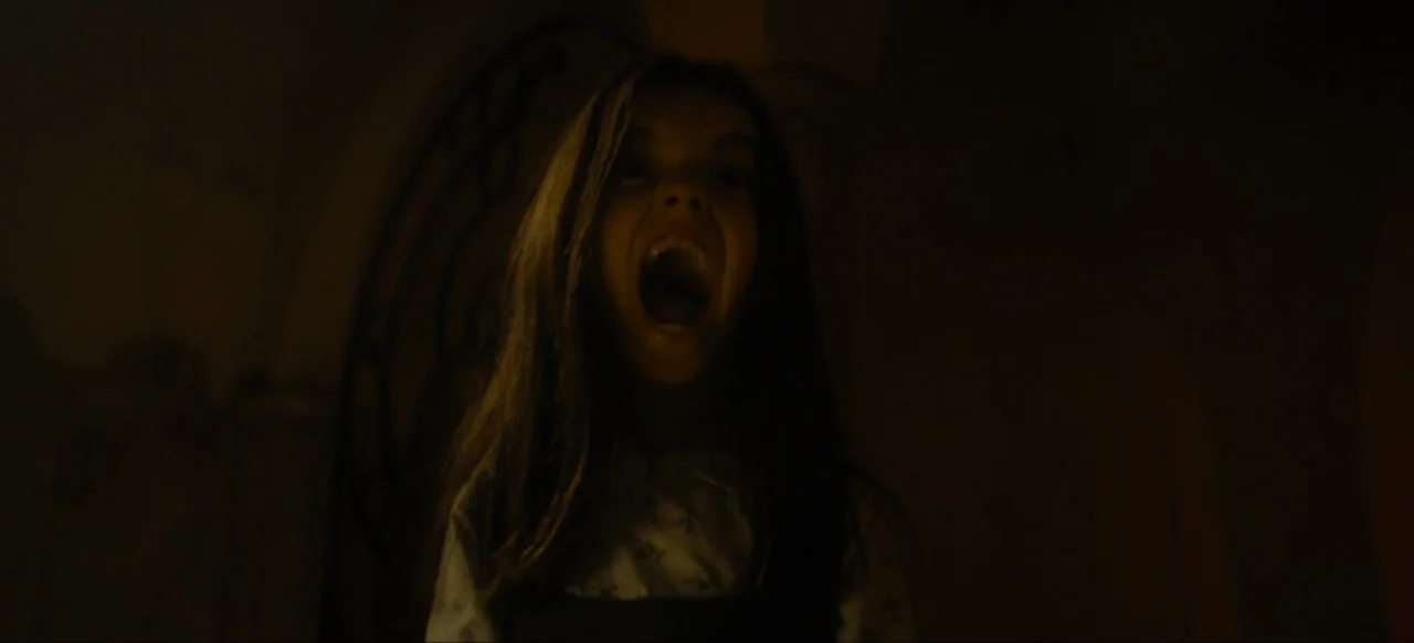 Housewife (2017) movie still: closeup — A dimly lit interior with an ornate metal grill visible on the wall behind. A young girl screams directly…