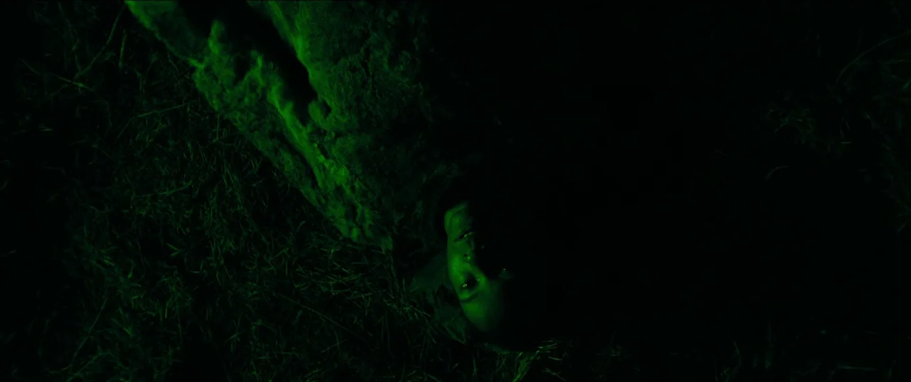 Out of Darkness (2022) movie still: closeup — A person lies on damp grass at night in total darkness. The subject stares directly into the lens…