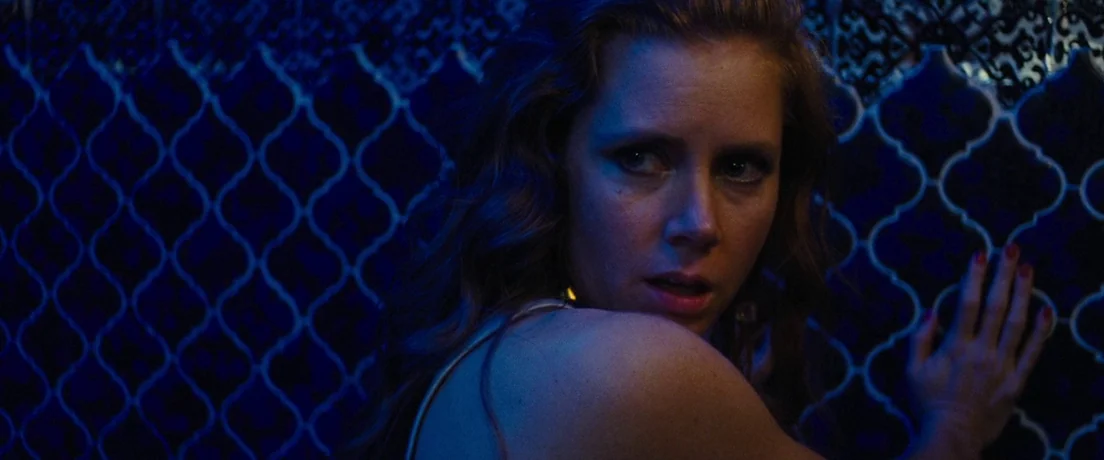 American Hustle (2013) movie still: closeup — A dark, dimly lit restroom features ornate blue patterned tiles on the wall. A woman with long auburn…