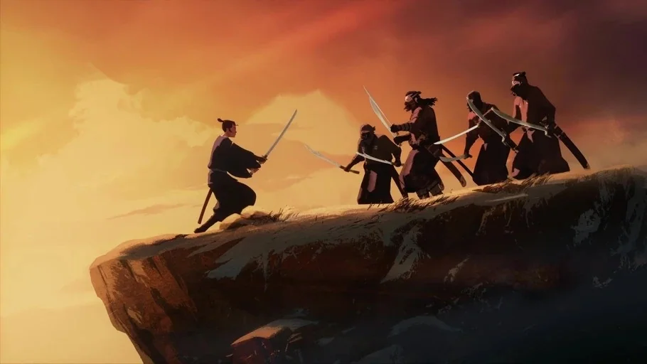 BLUE EYE SAMURAI (2023) movie still: wide — A craggy cliff edge stands against a vibrant, glowing sunset sky. A lone samurai confronts four warriors…