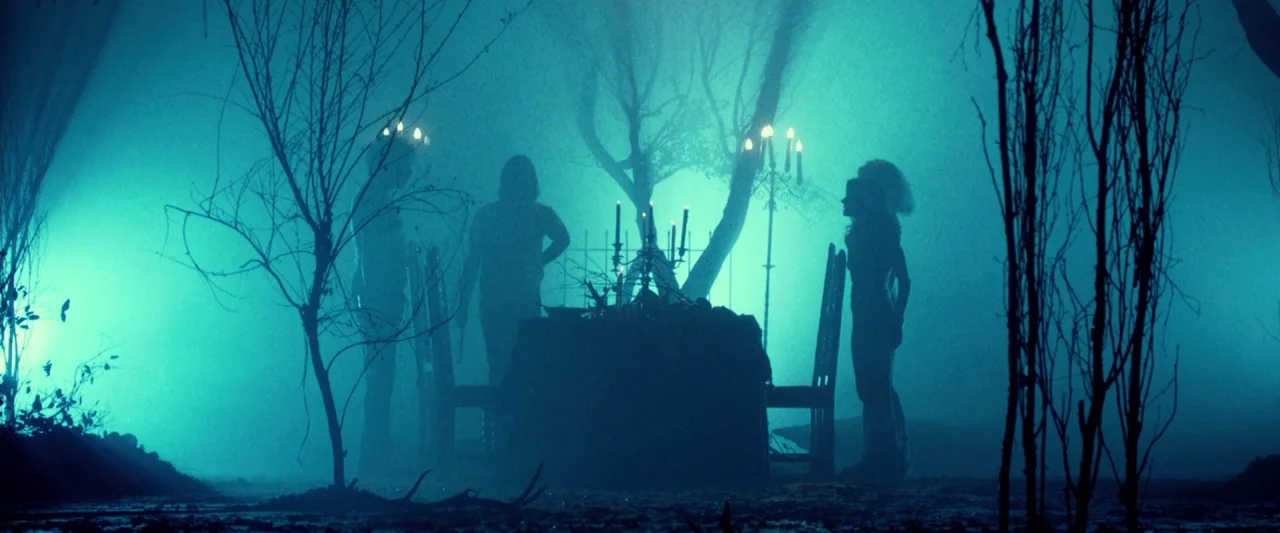 31 (2016) movie still: wide — Three figures gather around a table with a burning candelabra in a misty clearing. Sparse leafless trees frame the…