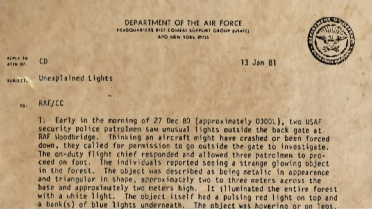 UFO Conspiracies: The Hidden Truth (2020) movie still: closeup — A close-up shot of an official typed military document on aged paper. The text…