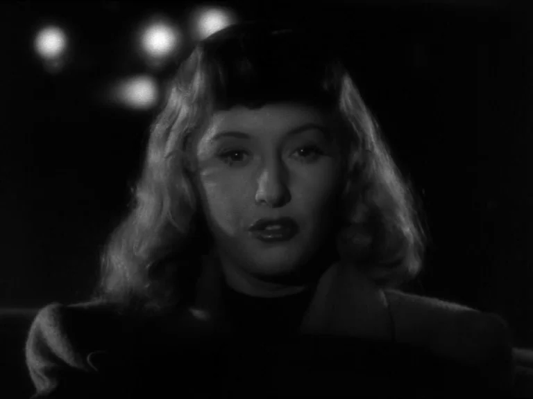 Double Indemnity (1944) movie still: closeup — A dark interior space with blurry out-of-focus street lights visible in the background. A woman sits…