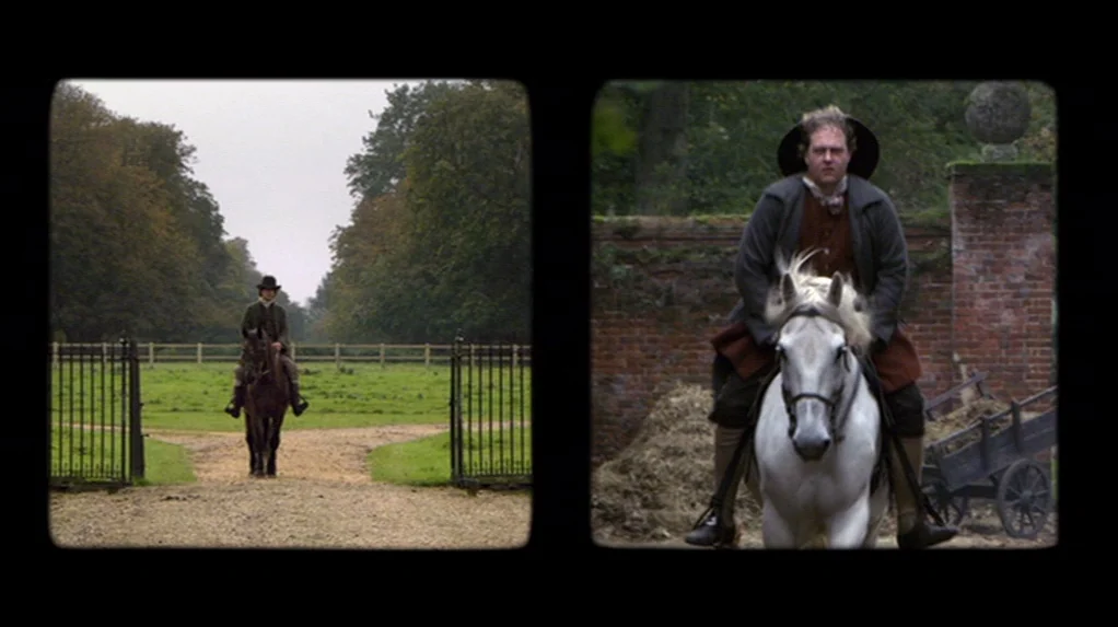 A Cock and Bull Story (2005) movie still: wide — Two separate views show riders navigating a 19th-century English country estate property. Each…