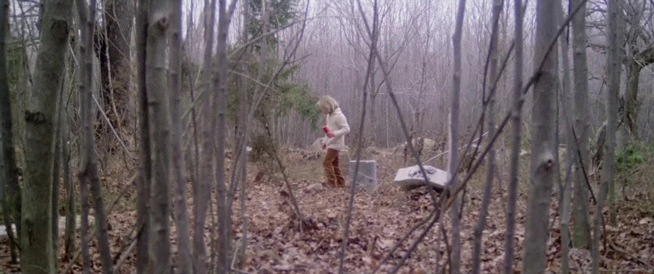 House By The Cemetery (1981) movie still: wide — A clearing in a dense, deciduous forest features scattered weathered tombstones. A young blonde…