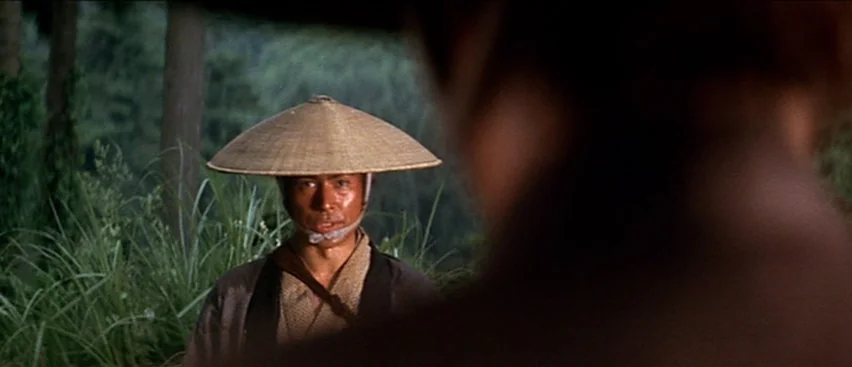 Lone Wolf and Cub: Baby Cart to Hades (1972) movie still: medium — A man wearing a straw conical hat stands in a grassy area. The subject is viewed…
