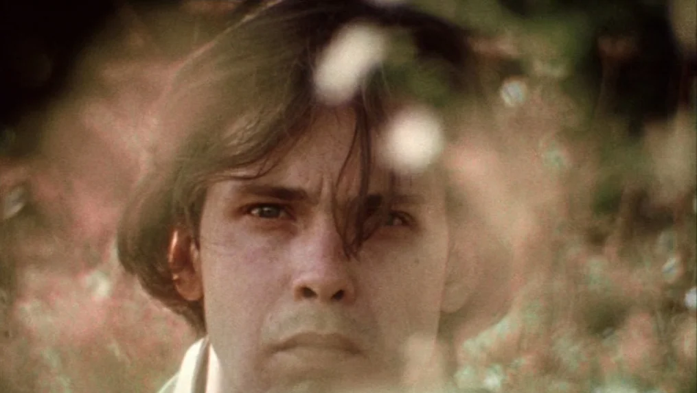 Martin (1977) movie still: closeup — A man faces the camera while positioned within a dense, blurry field of grass. Out-of-focus foliage obscures…