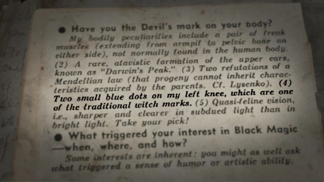 The Witch of Kings Cross (2020) movie still: closeup — A close-up view of a worn, aged page from a printed book. The text discusses bodily…