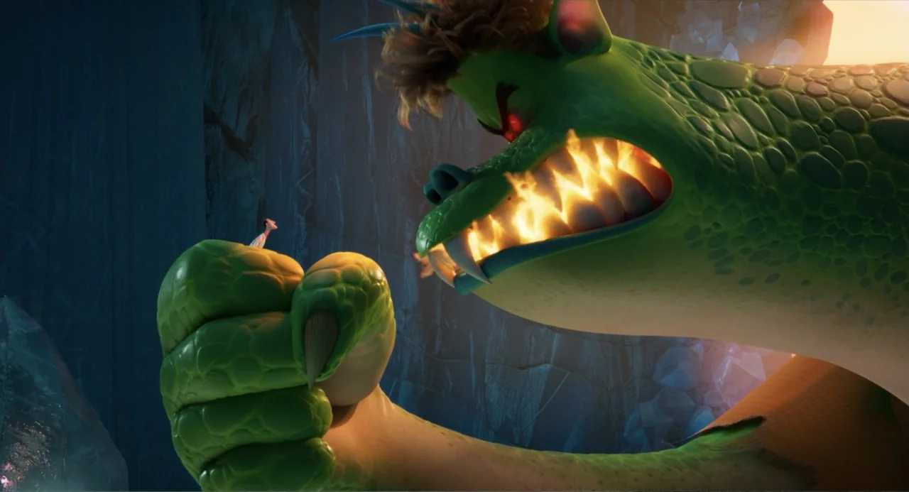 Hotel Transylvania: Transformania (2022) movie still: medium — A dark cavern with rocky walls and dim lighting surrounds a giant green creature. A…