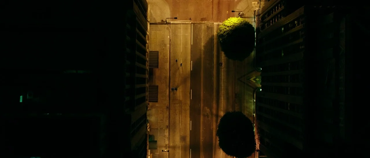 The Purge: Anarchy (2014) movie still: establishing — An overhead view of a city street at night between two tall buildings. Two round trees cast…