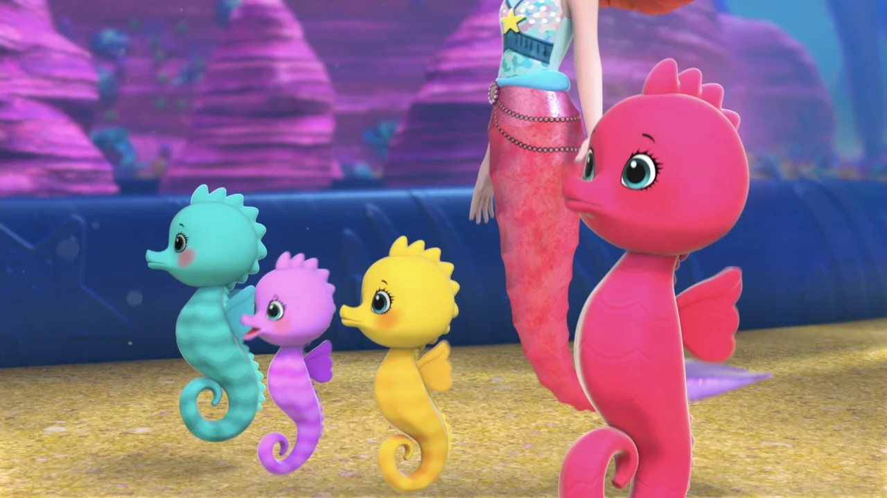 Enchantimals - Ocean Kingdom (2023) movie still: medium — An underwater scene features several colorful cartoon seahorses near a mermaid. The…