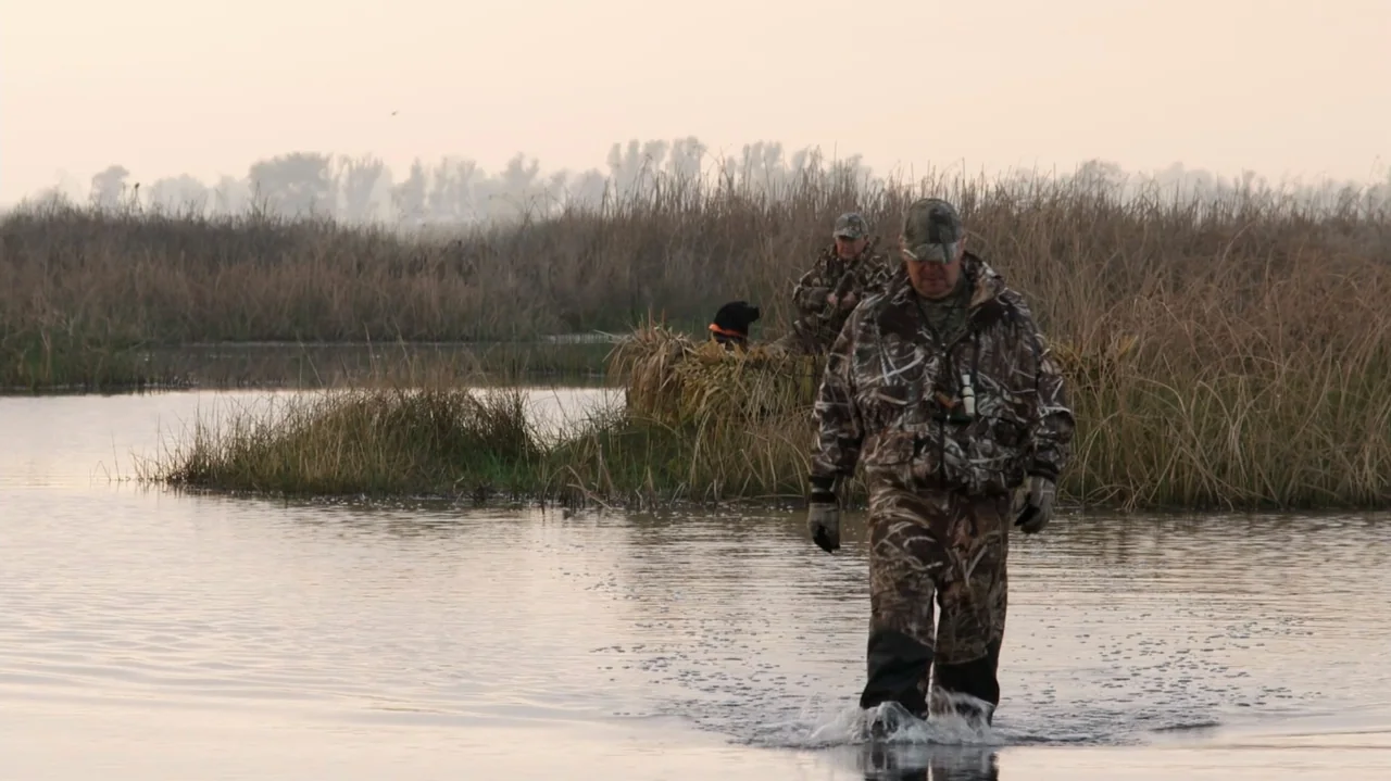 Somm: Into the Bottle (2015) movie still: fullbody — A marshy area filled with tall reeds and shallow water under a hazy sky. A man wearing…